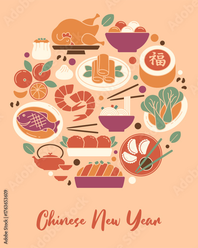 Flat vector illustration set of traditional Chinese New Year food arranged in a circle. Includes dumplings, fish, noodles, chicken, bok choy, oranges, taro, shrimp, and sweet rice balls.