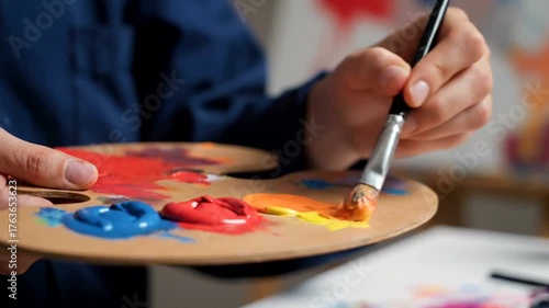 Artist blending vibrant colors on a palette in a creative studio filled with artwork