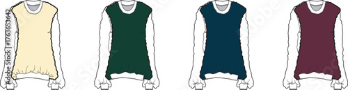 Set of four different colored sweaters, displayed from left to right, with varying necklines and hem details