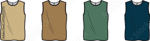 Set of basic sleeveless shirt or tank top technical flat sketches. Fashion apparel vector templates in a neutral color palette for design
