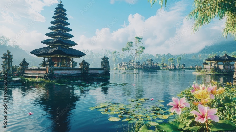 Obraz premium Serene Balinese Temple Reflection in Tranquil Lotus Pond Landscape