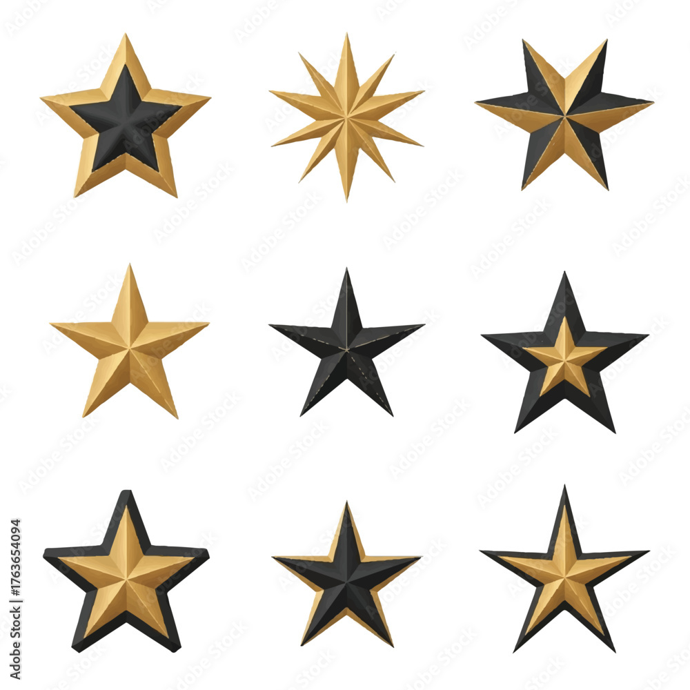 Fototapeta premium Set of gold and black star shapes on a white background with various metallic designs and reflections.