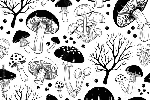 Black and white illustration of various mushrooms and trees, creating a whimsical forest pattern