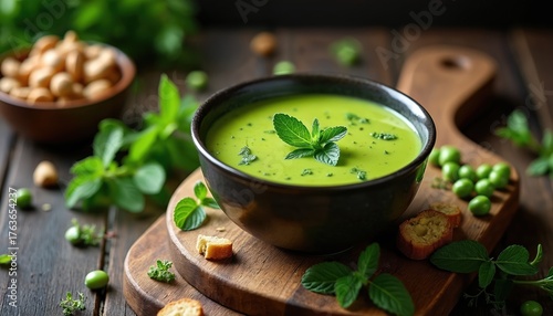 Green pea soup in a black bowl. Fresh mint garnish on top. Alongside are fresh herbs nuts and small croutons. Rustic wooden background. Concept of healthy eating and delicious food.