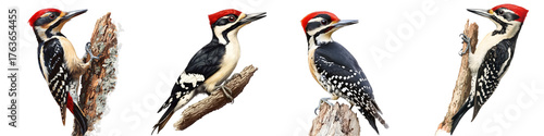 Woodpecker – A bird known for pecking at tree trunks in search of insects, often heard in forested areas. Isolated on Clear White Background Highly Detailed 