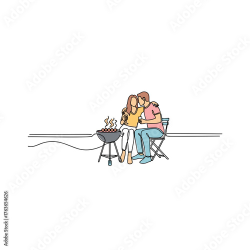 Couple enjoying a rooftop barbecue and cuddling together outdoors