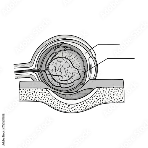 Detailed anatomical illustration of the human eye, showcasing its internal structure and connections