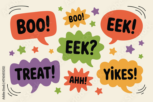 A vibrant collection of halloween speech bubbles featuring spooky exclamations, isolated on white background, adds a playful and expressive touch to designs