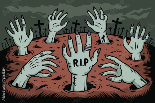 A spooky scene of zombie hands emerging from the grave in a graveyard with tombstones, conveying a halloween or horror theme with a dark and eerie atmosphere