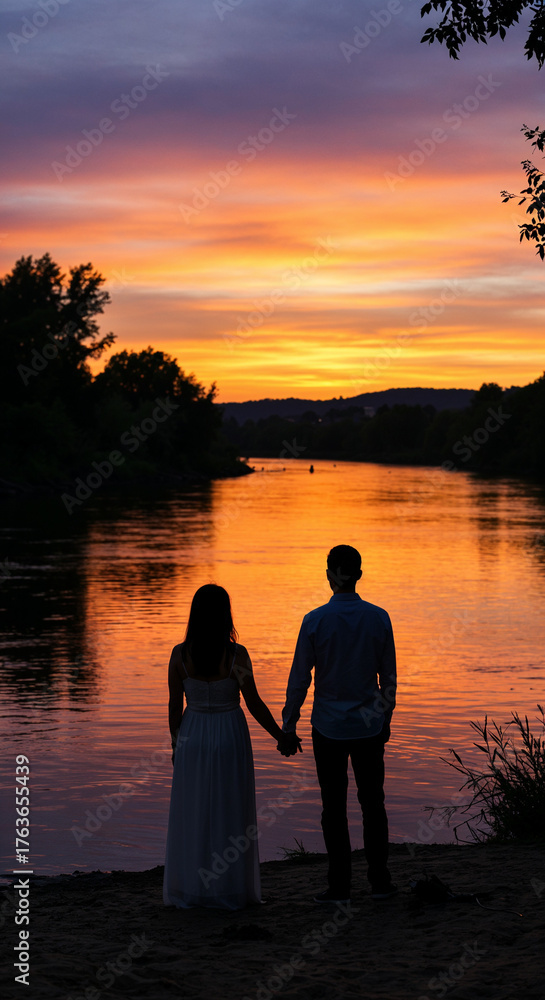 Fototapeta premium Silhouetted couple holding hands by river at vibrant sunset, serene and romantic.