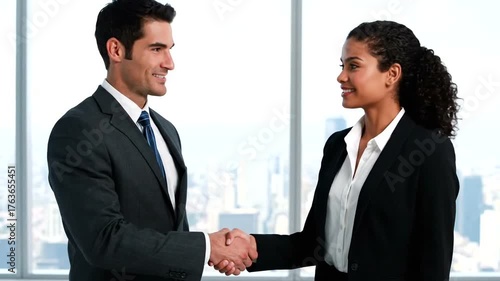 Business professionals shaking hands in a modern office with a city skyline in the background