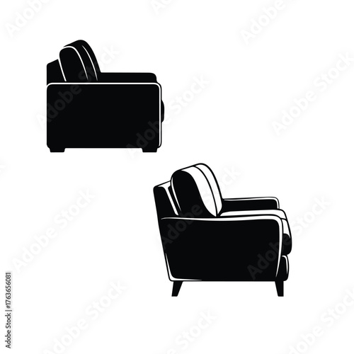 Cozy Couch Silhouette: An elegant, sleek black couch presented in two angled views, perfect for interior design. 