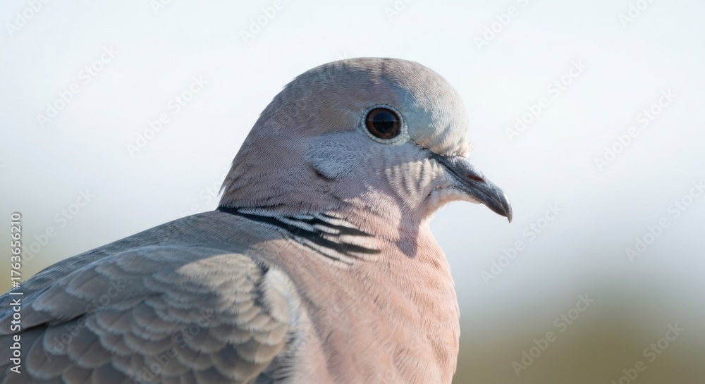 Fototapeta premium Collared dove profile with grey, peach, and black feathers against blurred background