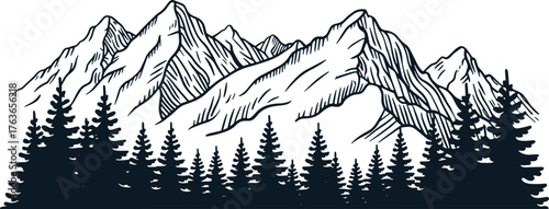 Black and white vintage hand-drawn mountain range illustration with pine trees, bold ink line art in retro poster style, simple composition, minimal clean design on plain background