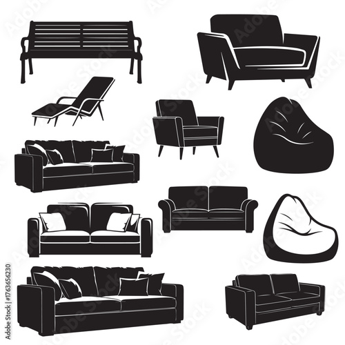 Furniture Icons Set with Sofa Chair Table and Home Interior Symbols