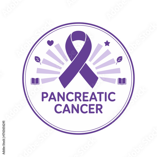 Purple Ribbon Badge, Pancreatic Cancer Awareness, Circular Seal Icon, Support And Hope, Healthcare Education, Advocacy Graphic, Vector Illustration