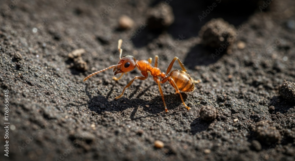 Fototapeta premium Detailed close-up of an orange ant crawling on dark soil
