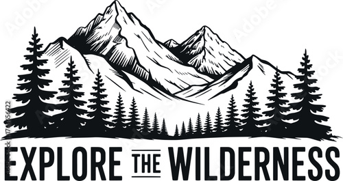 Black and white vintage hand-drawn mountain range illustration with pine trees, bold ink line art in retro poster style, simple composition, minimal clean design on plain background