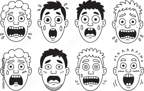 Collection of scared faces isolated on white background, conveying fear, shock, and surprise for use in various emotional and expressive designs
