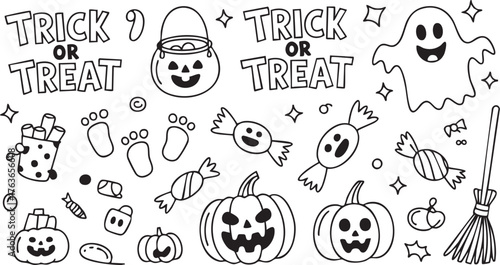 Halloween trick or treat elements isolated on white background, featuring pumpkins, candies, ghost, and broom for festive designs and decorations