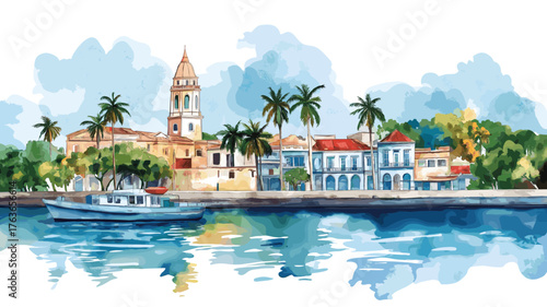 Cienfuegos Bay. Cienfuegos Bay hand drawn watercolor illustration