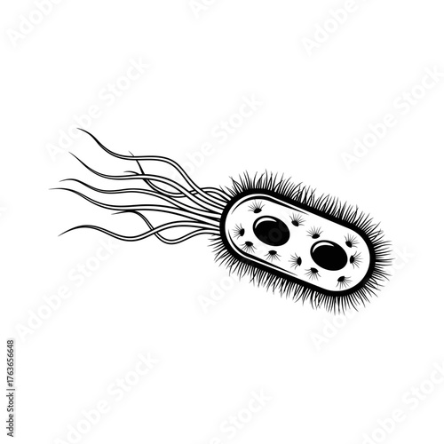Illustration of a bacterium with flagella, showcasing its structure and movement in a scientific context