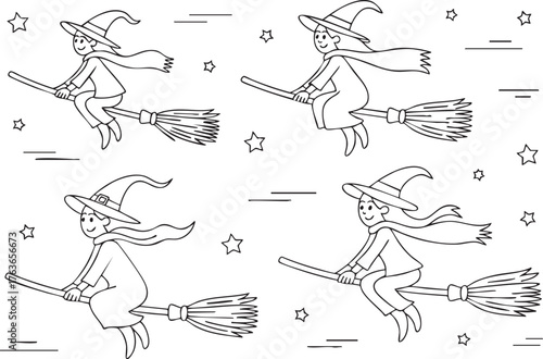 Witches on broomsticks isolated on white background, a whimsical illustration of young witches flying through the night sky, perfect for halloween or fantasy themes