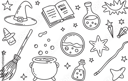 A collection of witchcraft elements isolated on white background, featuring a cauldron, spellbook, potions, and a witchs hat, perfect for magical or halloween themes