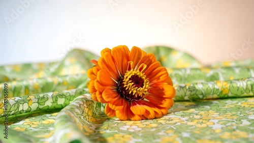 Orange flower on green floral fabric background  