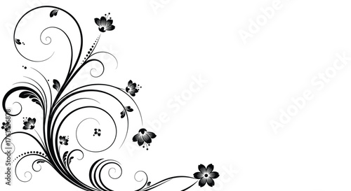 Elegant black and white floral swirl corner ornament design.