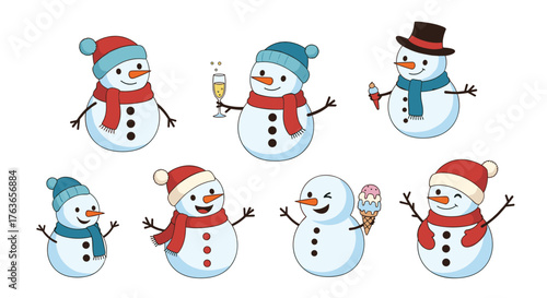 Set of cute cartoon snowman characters in winter attire.