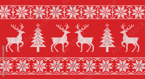 Christmas Reindeer and Trees Seamless Pattern.