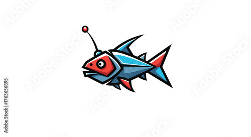 Stylized robotic anglerfish illustration with a red head and blue fins.
