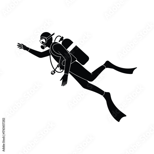Black silhouette of a scuba diver with tank and mask swimming white background