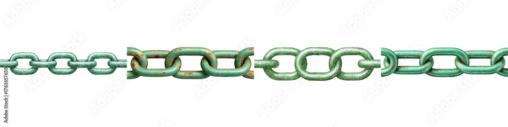 Obraz premium Broken Green Chain on White Background: Concept of Disconnection and Repair