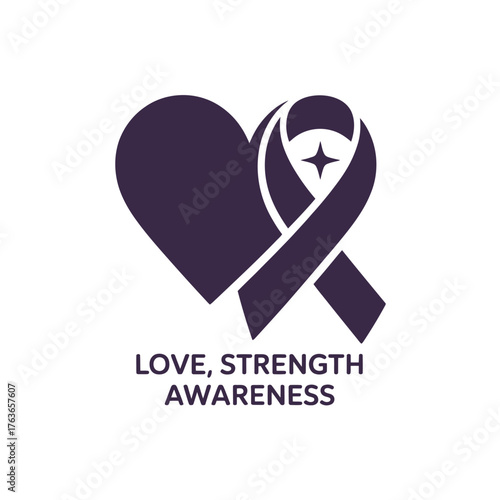 minimal heart and ribbon silhouette, love strength awareness message, pancreatic cancer support, solidarity icon, charity vector design