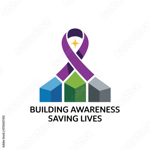 ribbon over geometric blocks, building awareness saving lives concept, pancreatic cancer education, charity fundraiser logo, vector illustration