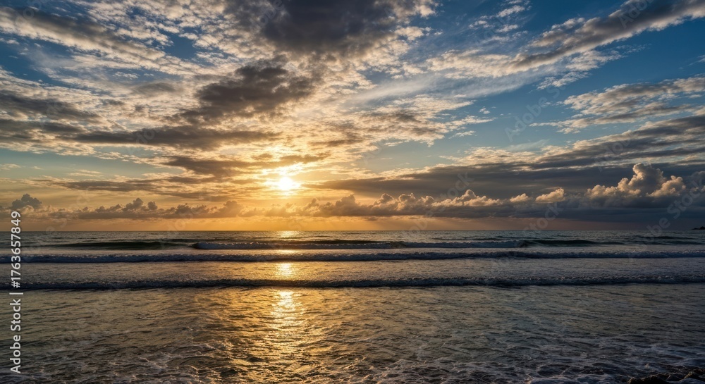 Obraz premium Golden sunset reflects on ocean waves under dramatic, textured clouds