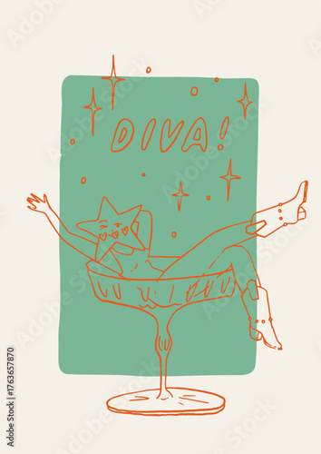 Hand drawn vector poster with fun girl diva in cowboy boots lounging in a cocktail glass. Sparkling stars, fun, festive party celebration. Bachelorette, birthday, new year, valentines day card