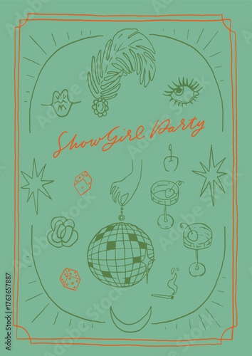 Showgirl era party poster. Disco party dazzling elements: disco ball, cocktails, showgirl feather headdress, cigarette, kiss. Art deco frame border. Birthday, bachelorette, friendship celebration card