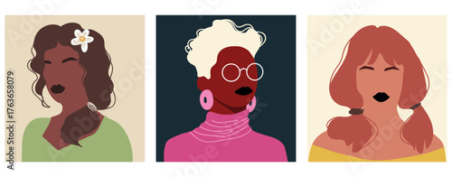 Abstract women portraits set. Faceless female characters. Person poster, head avatar, hand drawn vector illustration.