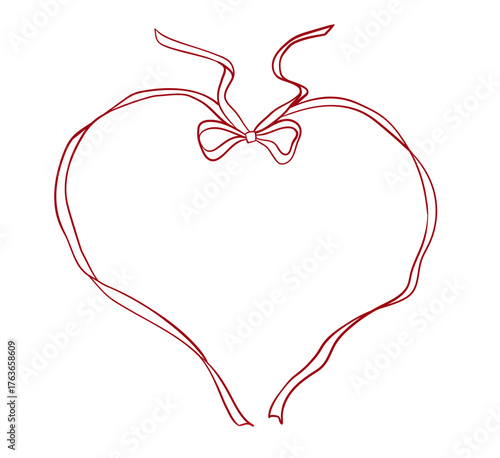 Vector romantic coquette whimsical style red hand drawn frame from a ribbon in shape or heart with decorative bow on white background - invitation, card template