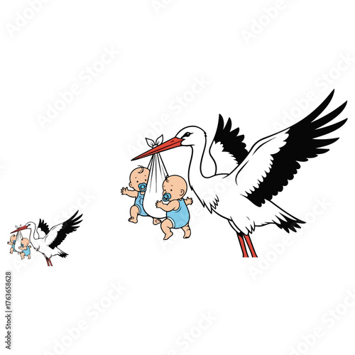 Stork delivering babies cartoon illustration of new life and joy.