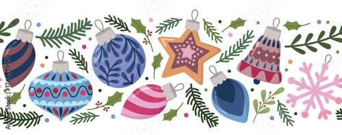 Seamless border with New year's objects isolated on white. Horizontal pattern with Christmas decorations, leaves and pine branches