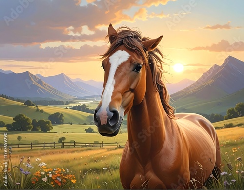 A majestic horse in a grassy field watches a sunrise