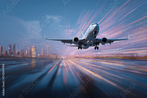 
Technology digital future of commercial air transport concept, Airplane taking off from airport runway on city skyline and world map background with copy space, Moving by speed motion blur effect