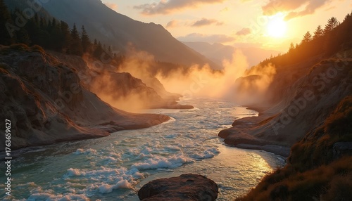 Fototapeta Naklejka Na Ścianę i Meble -  Scenic landscape photo of a river flowing through a canyon. Sun shines on the water creating a warm atmosphere. Misty clouds surround mountain peaks.