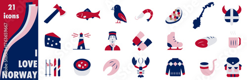 A set of icons dedicated to Norway. A set of icons in the colors of the national flags. I love Norway.