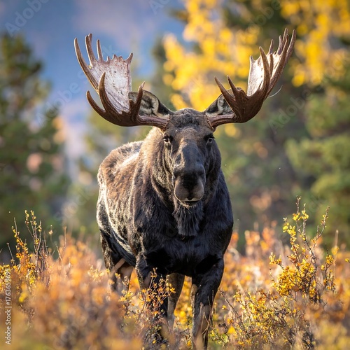 A majestic moose with large antlers stands amid autumn foliage