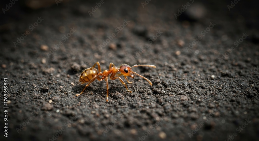Fototapeta premium Macro view of a single ant on dark, rough ground in bright outdoor light
